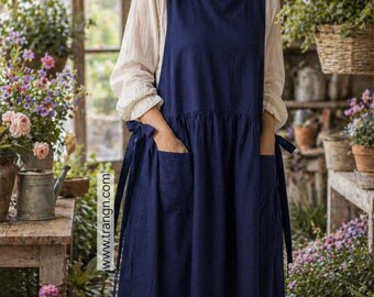 Navy Blue Cotton Pinafore Apron – Rustic Cottagecore Apron with Pockets, Handmade Womens Apron