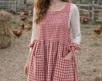 Handmade Cottagecore Red Gingham Pinafore Apron Dress with Pockets  – Vintage Inspired Rustic Kitchen Apron