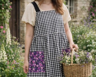 Black Gingham No Tie Apron, Cottagecore Apron with Floral Pockets, Handmade Adjustable Cross Back Apron, Kitchen Cooking Apron, Garden Apron