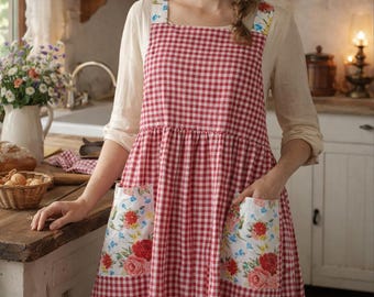Red Gingham No Tie Apron, Cottagecore Apron with Floral Pockets, Handmade Cross Back Apron, Kitchen Cooking Apron, Garden Apron