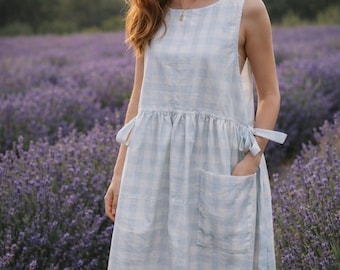 Blue Gingham Pinafore Apron – Cottagecore Farmhouse Apron with Pockets, Adjustable Side Tie Apron