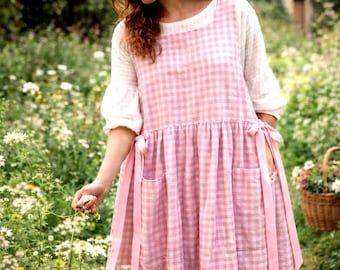 Handmade Cottagecore Pink Gingham Pinafore Apron Dress with Pockets  – Vintage Inspired Rustic Kitchen Apron