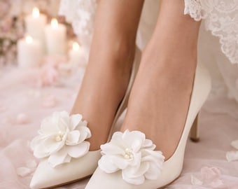 White satin Floral Shoe Clips, Romantic Shoe Accessories, Feminine Shoe Charms for Heels or Flats