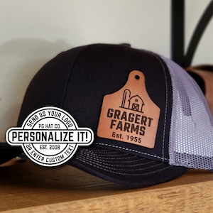 Custom Cattle Tag Leather Patch Richardson Trucker Hat Genuine Laser Engraved with Personalized Logo, Company Brand Logo, Text, Retro, Gift