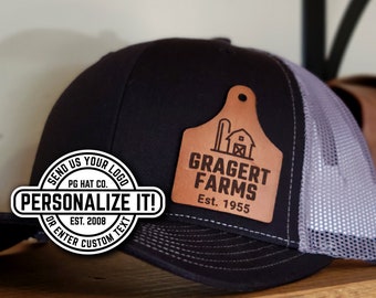 Custom Cattle Tag Leather Patch Richardson Trucker Hat Genuine Laser Engraved with Personalized Logo, Company Brand Logo, Text, Retro, Gift