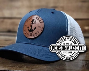 Custom Leather Patch Trucker Hat Laser Engraved with Personalized Logo, Text, Company Brand Logo, Text, Retro, Gift, Yupoong