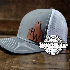 Custom Cattle Tag Leather Patch Trucker Hat Laser Engraved with Personalized Logo, Text, Company Brand Logo, Text, Gift ,Retro, Yupoong