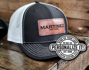 Custom Leather Patch Richardson Trucker Hat Genuine Laser Engraved with Personalized Logo, Company Brand Logo, Text, Retro, Gift