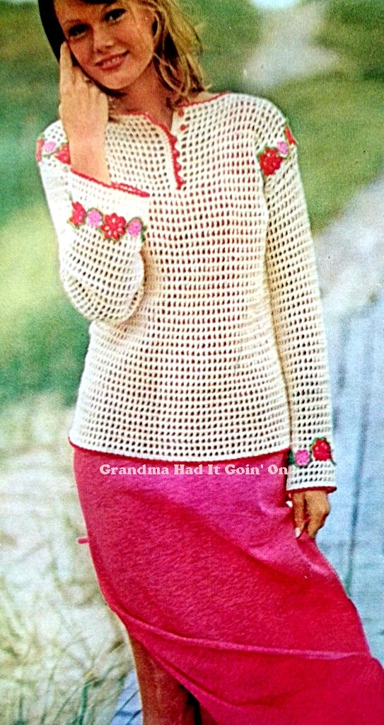 Flowered Filet Long Sleeved Top Crochet Top Pattern Shirt | Etsy