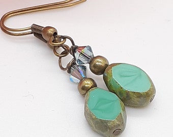 Green Turquoise Picasso Edge Earrings, Picasso Czech Glass Dangle Drop Earrings, Hypoallergenic Earrings,  Women's Gift