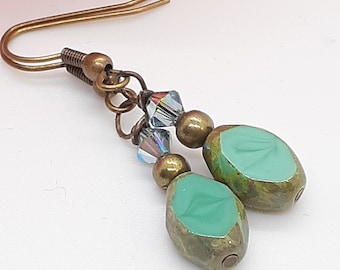Green Picasso Czech Glass Earrings: Hypoallergenic Dangle Drop