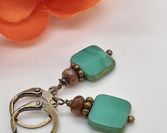 Turquoise Blue Czech Glass Dangle Earrings    Leverback Blue Square Dangle Earrings    BoHo Hippie Blue Square Dangles    Gift For Her