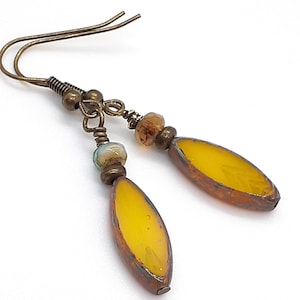 Yellow Czech Glass Spindle Dangle Earrings: Boho Style
