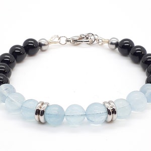 Natural Aquamarine + Black Onyx Bracelet | Natural Gemstone Beaded Bracelet | March Birthstone Bracelet | AAA Grade Men&#39;s Jewelry Gift