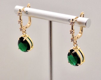 May Birthstone Emerald Green Teardrop Dangle Earrings, Birthday Gift for Her
