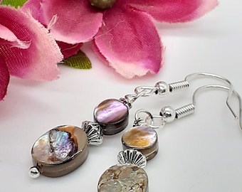 Oval Shaped Double Sided Natural Abalone Paua Shell Dangle Earrings, Retro Women's Jewelry Gift