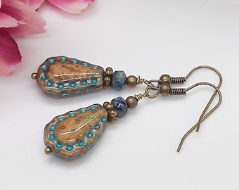 Boho Teardrop Earrings: Brown Czech Glass Dangle Earrings