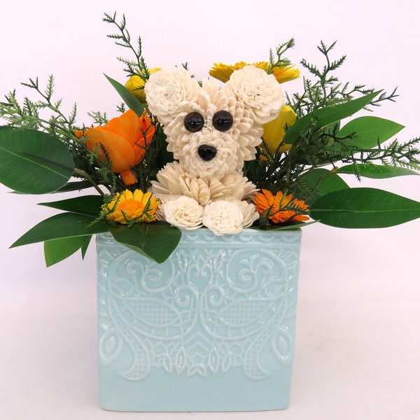 Floral White Dog Laying Down in a Garden of Yellow & Orange Stylized Wood Flowers - Light Blue Ceramic Container - Great Gift for Dog Lovers