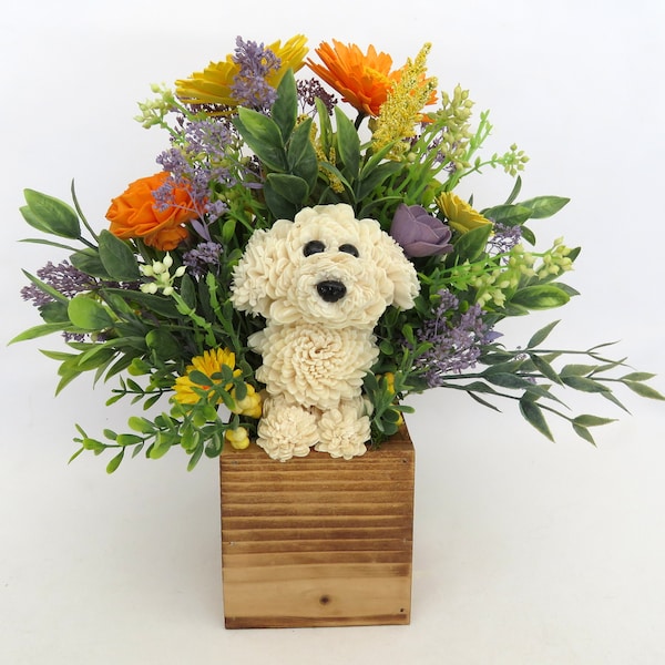 Puppy Paws Floral Arrangement w Light Brown Wooden Container, Yellow, Orange and Purple  Colored  Stylized Wood Flowers