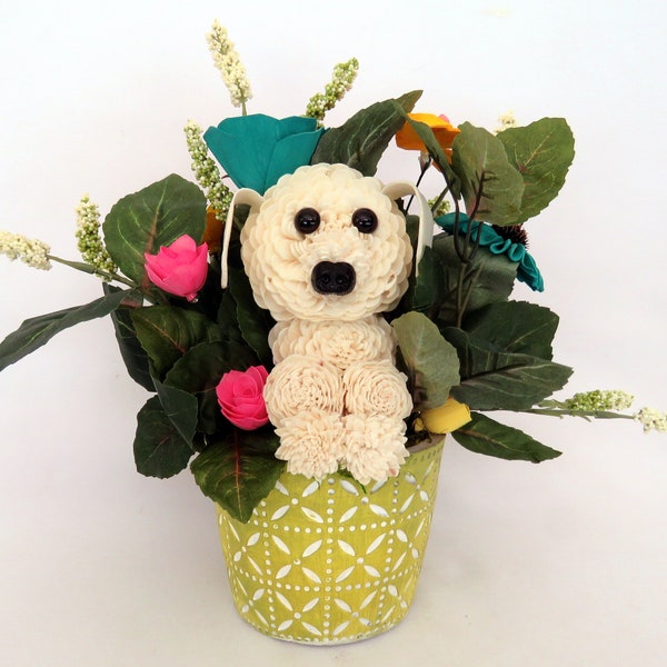 Puppy Paws Floral Arrangement  with Lime Colored Vase, Teal, Yellow and Pink Stylized Wood Flowers - Dog Lover  Gifts - Christmas Gifts