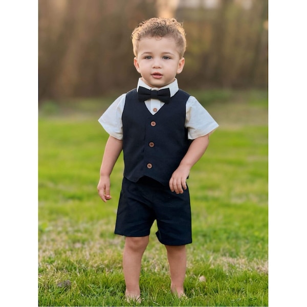 Little Boys Navy Blue Vintage Style Outfit, Toddler Boys Wedding Outfit Baby Boys Easter Outfit Ring Bearer Shirt Shorts Bow Tie Vest Outfit