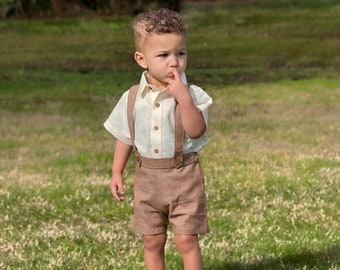Brown Vintage Style Toddler Boys Suspender Shorts, Little Boys Ring Bearer Outfit, Baby Boys Wedding Outfit, Baby Boys Easter Outfit