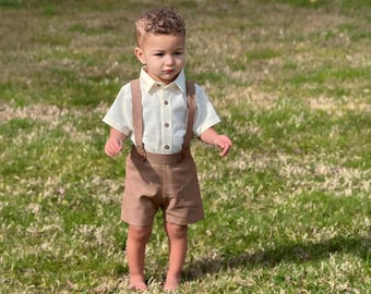 Brown Vintage Style Toddler Boys Suspender Shorts, Little Boys Ring Bearer Outfit, Baby Boys Wedding Outfit, Baby Boys Easter Outfit