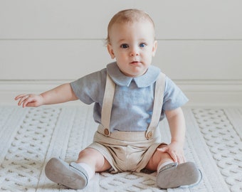 Blue Vintage Style Baby Boys Linen Dress shirt, Classic Peter Pan Collar Shirt, Toddler Boys Button Down Baby Boys Button Up Collared Shirt