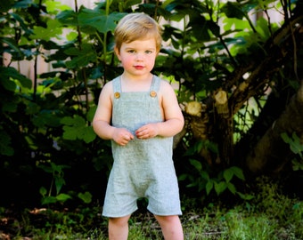 Boys Family Picture Outfit Boys Shortalls Sage Green Linen Baby Boys Romper Boys Vintage Style Romper Toddler Boys Linen Overall Shorts