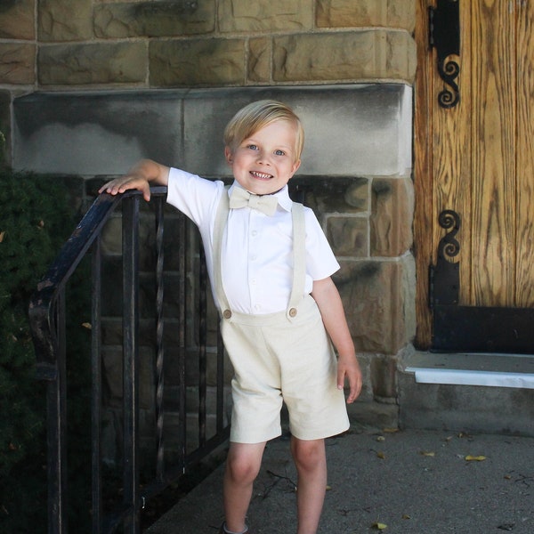 Little Boys Tan Vintage Style Outfit, Khaki Beige Toddler Boys Wedding Outfit, Baby Boys Easter Outfit, Ring Bearer Outfit, Suspender Shorts