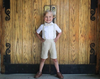 Little Boys Tan Vintage Style Outfit, Khaki Beige Toddler Boys Wedding Outfit, Baby Boys Easter Outfit, Ring Bearer Outfit, Suspender Shorts