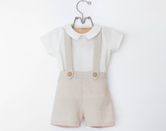 Little Boys Tan Vintage Style Outfit, Khaki Beige Toddler Boys Wedding Outfit, Baby Boys Easter Outfit, Ring Bearer Outfit, Suspender Shorts