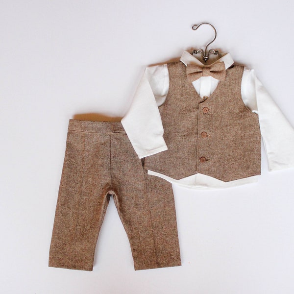 Little Boys Brown Vintage Style Outfit, Toddler Boys Wedding Outfit, Baby Boys Easter Outfit Ring Bearer Shirt Pants Bow Tie Vest Outfit