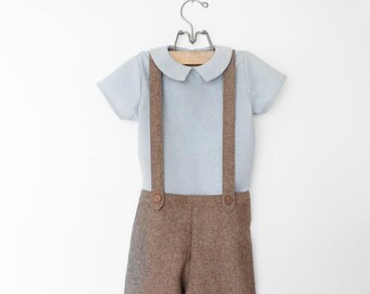 Little Boys Blue Brown Vintage Style Outfit, Toddler Boys Wedding Outfit, Baby Boys Easter Outfit, Ring Bearer Outfit, Suspender Shorts