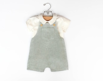 Little Boys Sage Green Vintage Style Romper, Toddler Boys Wedding Outfit, Baby Boys Easter Outfit, Ring Bearer Outfit, Overalls Outfit