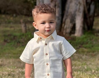 Little Boys Off White Oxford Shirt, Toddler Boys Linen Button Down, Baby Boys Collared Dress Shirt, Wedding, Easter, Ring Bearer, Baptism