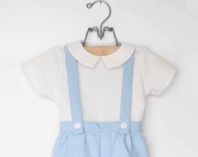Baby Boys Vintage Style Bubble Romper Blessing Outfit Boys Baptism Outfit Baby Blue Linen Romper Dedication Outfit Baby Shower Gift