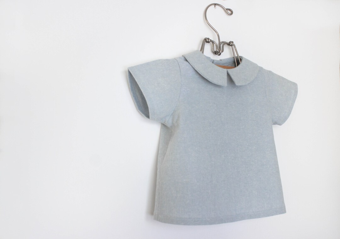 Blue Vintage Style Baby Boys Linen Dress Shirt, Classic Peter Pan
