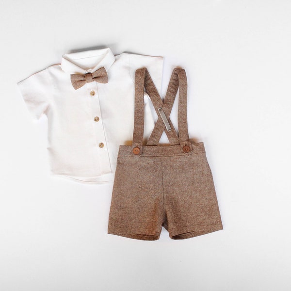 Little Boys Brown Vintage Style Outfit, Toddler Boys Wedding Outfit, Baby Boys Easter Outfit, Ring Bearer Outfit, Suspenders Bow Tie