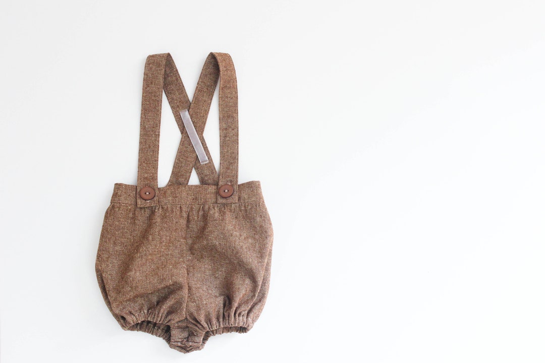 Vintage Style Brown Linen Baby Boys Suspender Shorts, Little Boys Linen