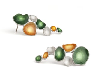 Translucent Lime Green & Earthy Orange Branch Earrings, Womens Woodland Earrings Gift, Hypoallergenic, 3D Radiant Crystal Resin Stud Earring