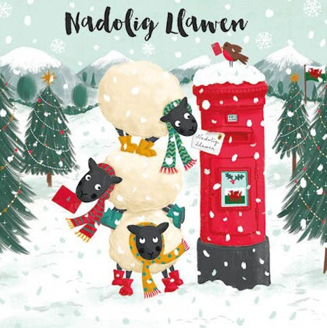 Nadolig Llawen W Woolies Sheep Xmas Card - Welsh Sheep Tree Holding Star Style 5 | UK