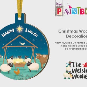 Welsh Woolies Woooden tree Decoration (Nativity),Addurn Nadolig Cymraeg