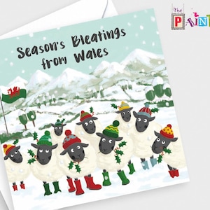 Könnte beinhalten: Weihnachtskarte mit einer Winterlandschaft. Sie zeigt Schafe mit Hüten und Stiefeln, den Text "Season's Bleatings from Wales" und eine walisische Flagge. Im Hintergrund sind schneebedeckte Berge zu sehen.