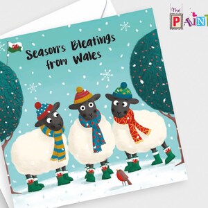 Könnte beinhalten: Weihnachtskarte mit dem Text "Season's Bleatings from Wales". Sie zeigt drei Comic-Schafe mit Mützen, Schals und Stiefeln. Eine walisische Flagge und ein Rotkehlchen sind ebenfalls vorhanden, vor einem schneebedeckten Hintergrund.