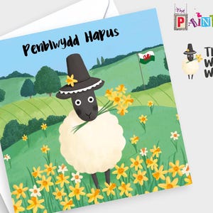 Penblwydd Hapus (welsh lady woolies) - Happy Birthday Welsh card with Daffodils