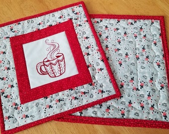 Quilted mug rugs, set of 2 embroidered snack mats, coffee cup embroidery, handmade mini mats