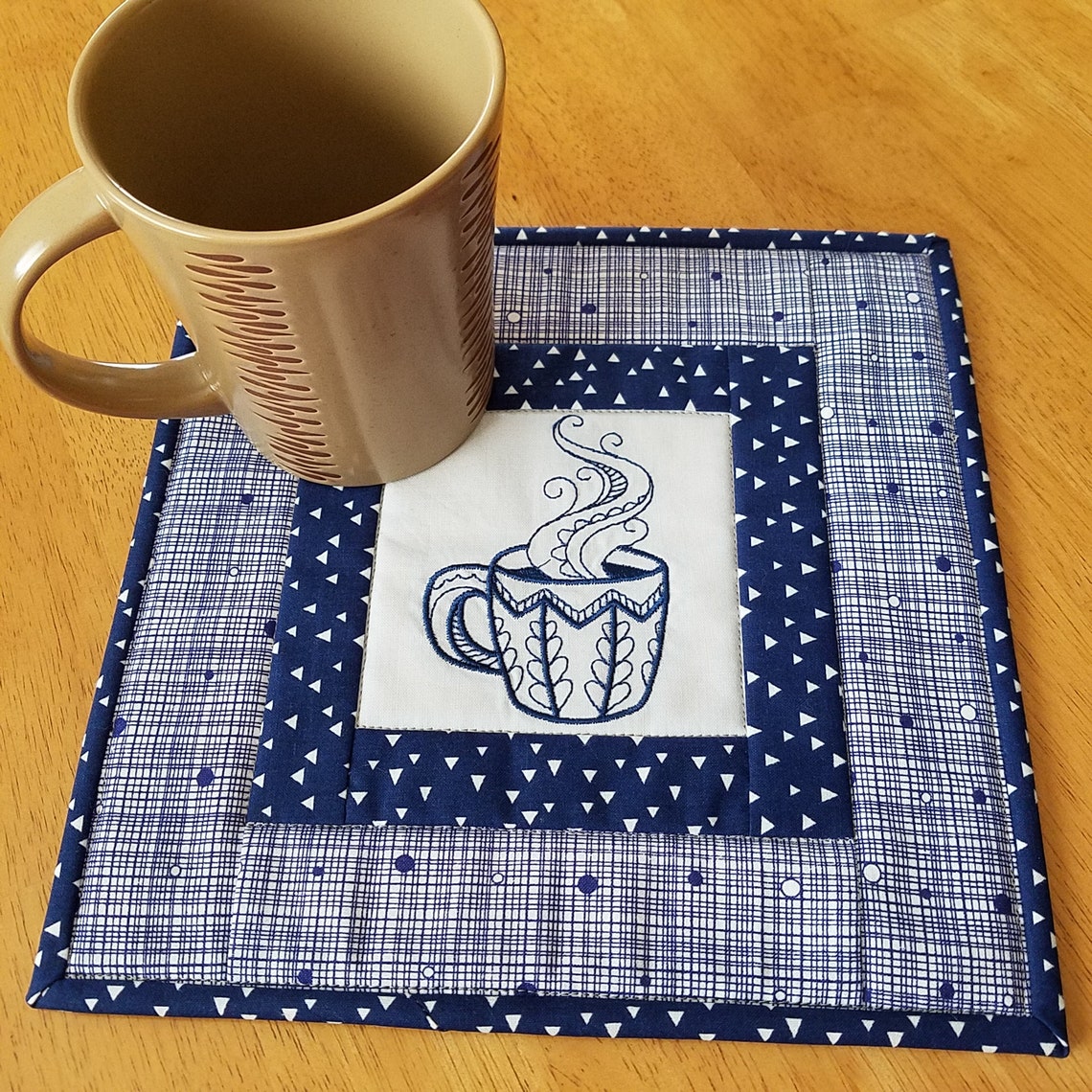 Embroidered Mug Rugs Set of 2 Quilted Snack Mats Blue Mug Etsy