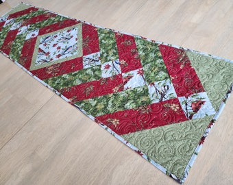 Christmas table runner, quilted holiday table topper, French braid table quilt, red green blue, handmade centerpiece