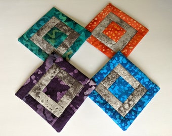 Quilted drink coasters, set of 4, modern beverage mats, table protectors, 4.5" square